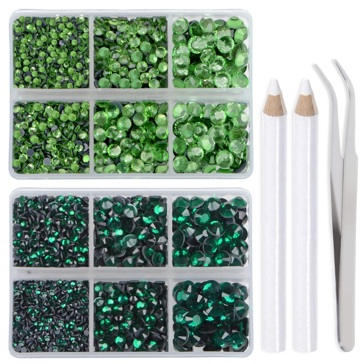 6400pcs Emerald & Peridot Hotfix Rhinestones – Mixed Sizes, Flatback Crystal Gems with Tweezers & Rhinestone Pen